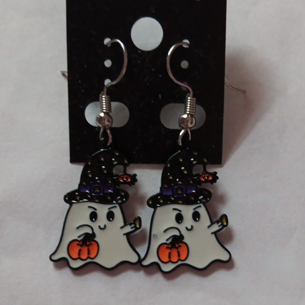 "Trick Or Treat Ghost" Halloween Dangle Drop Enamel Pendant  Earrings New!
